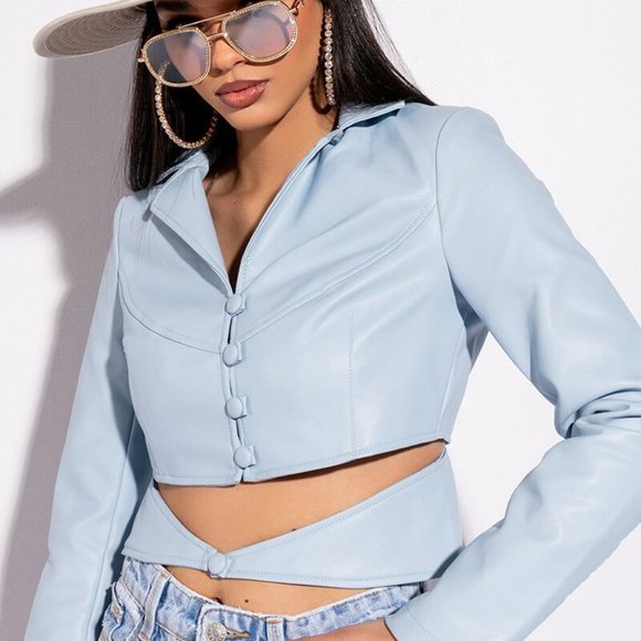 Callie Lives Jackets & Blazers - Callie on Clout: Powder Blue Cut Out Button Up Vegan Leather Blazer